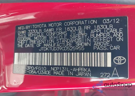 2012 Toyota Yaris Le z USA, uszkodzony, nr VIN JTDKTUD39CD525955